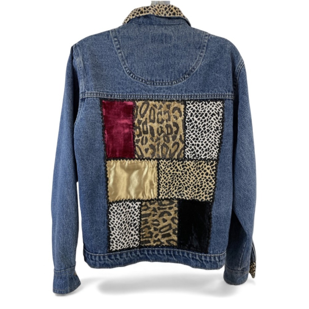 VTG AGAPO Blue Denim Jacket PATCHWORK ANIMAL PRINT BACK Leopard Satin Velvet 2X